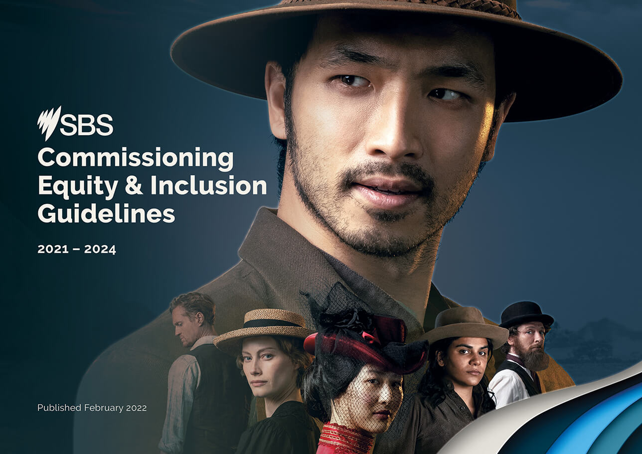 Group of people in 1800s clothing and red desert background. SBS New Gold Mountain (2021).